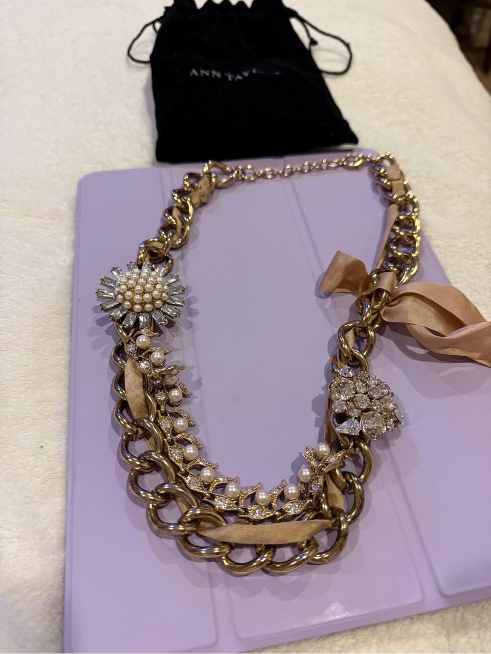 Ann Taylor Gold-tone Pearl & Champagne Ribbon Statement Necklace